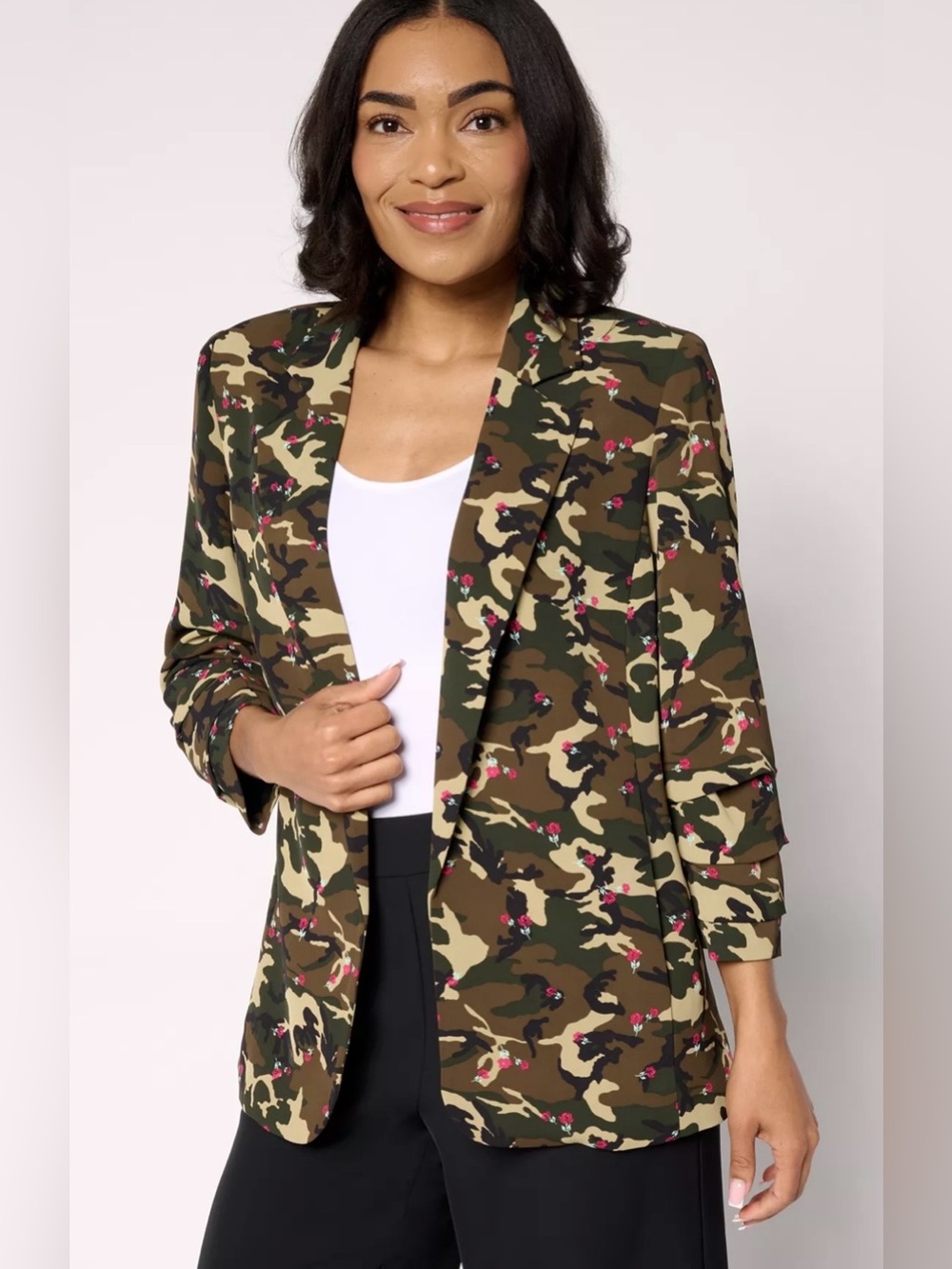 Nicole by Nicole Miller Camouflage Stretch Crepe Open Front Blazer Large
